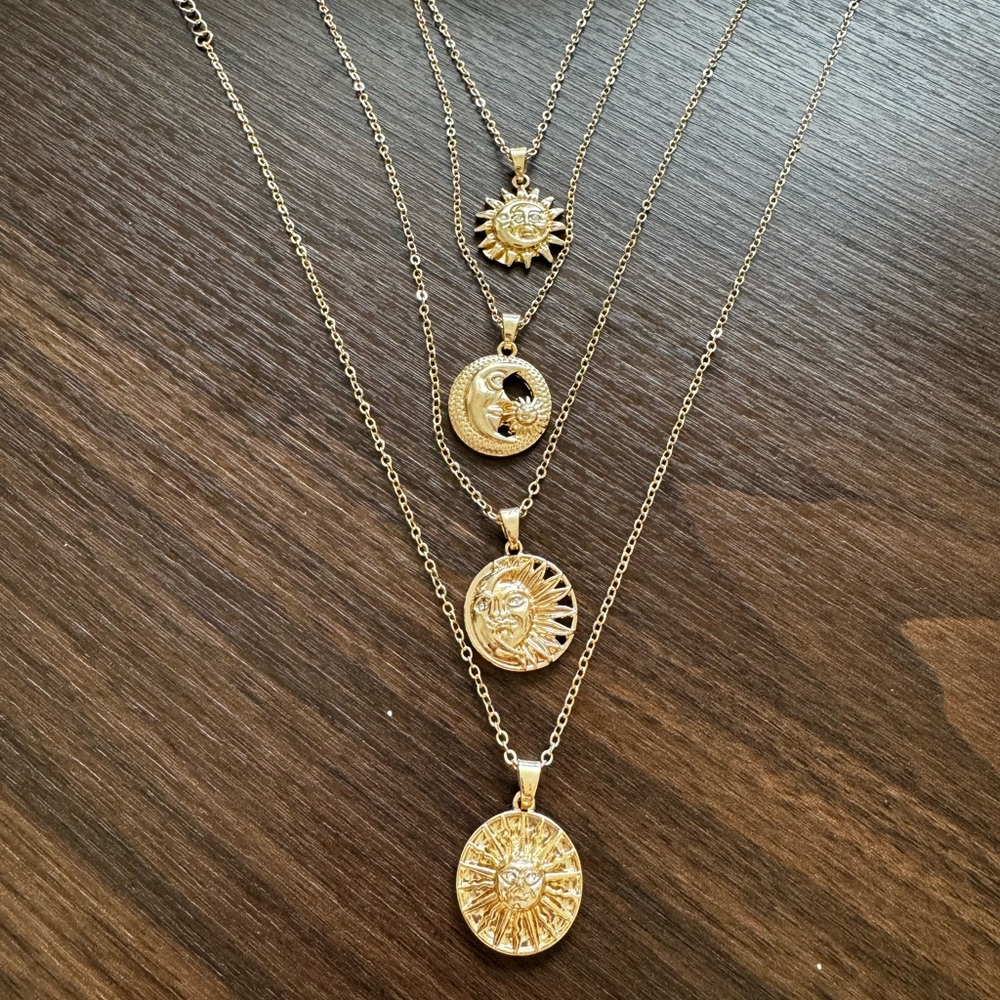 Gold plated 4 necklaces moon and sun